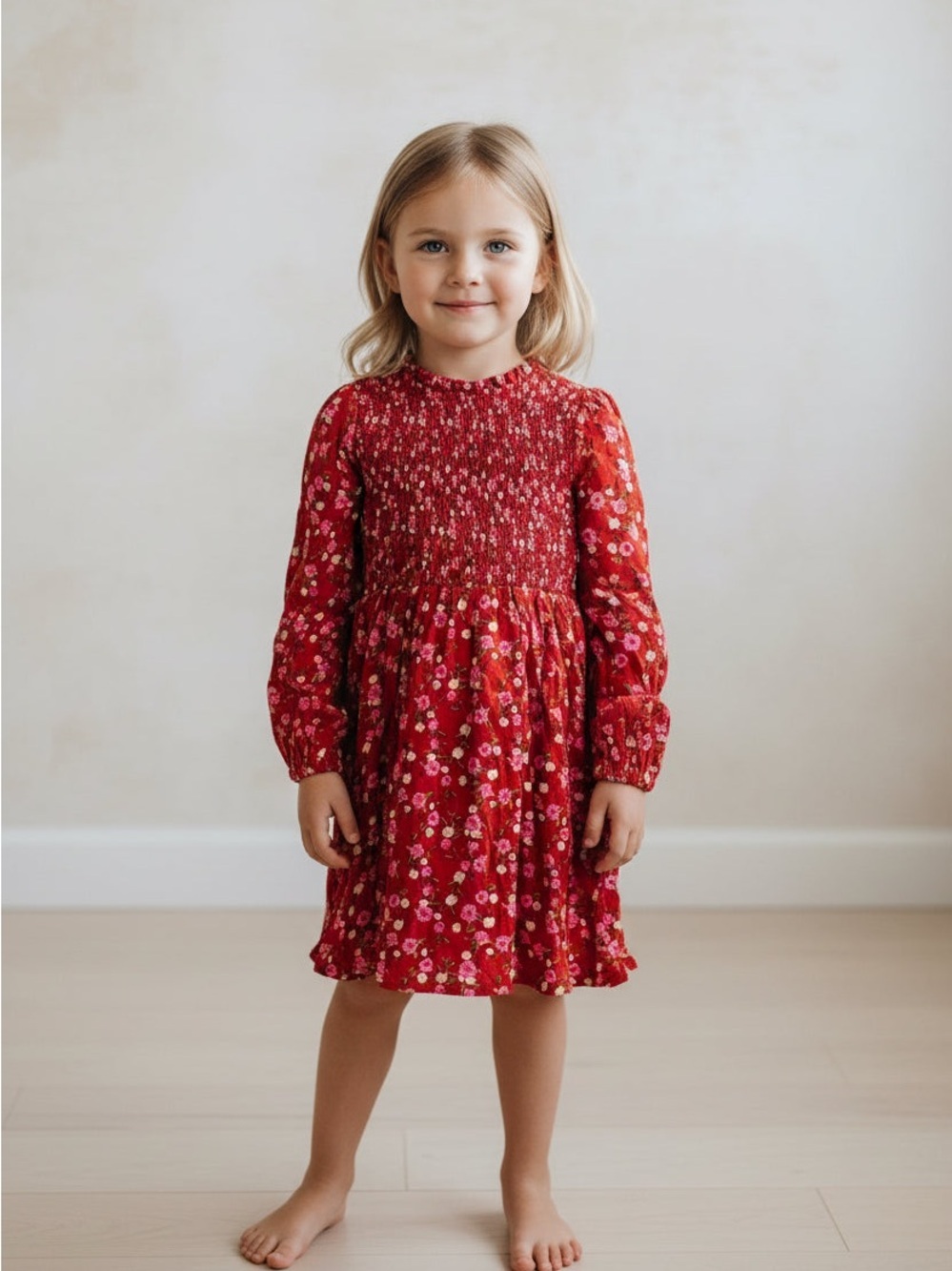 Gianni Bini Red Floral Smocked Long-Sleeve Dress